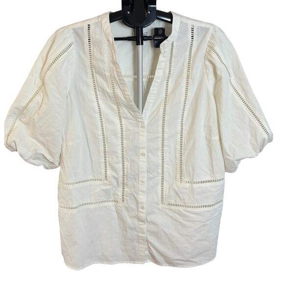 Ava & Viv White Cotton Eyelet Blouse XXL Puff Sleeve Button Down Cottagecore - Picture 1 of 6